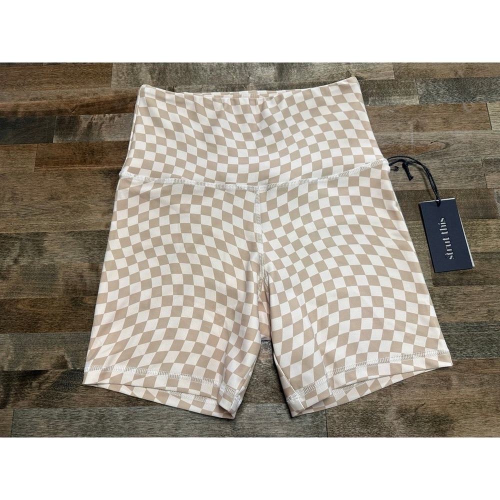 Strut This Women Tan White Checkered High Waisted Biker Shorts Medium NWT Retro